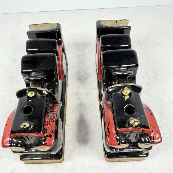 Vintage Japan Ceramic Antique Car Bookends Red Black Gold 6"x3" Pair - Picture 7 of 7